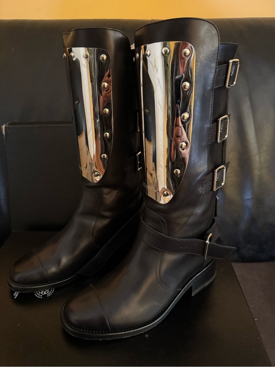 CHANEL Shoes - CHANEL Black Leather Knee-High Combat Boots with Silver Plate